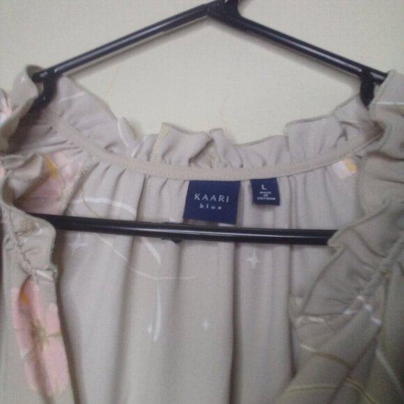 Kaari Blue Shirt Blouse L Long Sleeve Ruffle V-Neck Floral Tan Pink - Picture 8 of 16